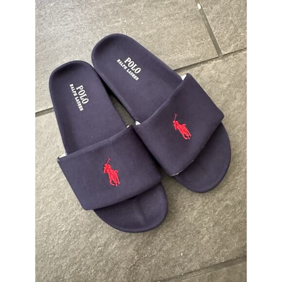 Polo Ralph Lauren Men\'s Hendrick Slide Slip On Sandals Slipper Navy Blue Size 10